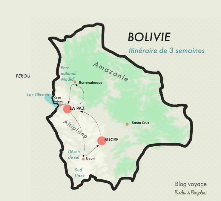 Carte itinéraire 3 semaines Bolivie avec étapes